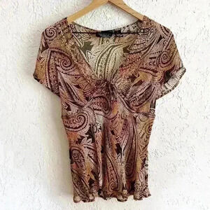 Sheer silk blend‎ tie front bohemian style beaded top size Large